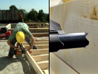 3-D animation of nail gun, lumber and nails, composited with video. Video produced by award winning WorkSafeBC.